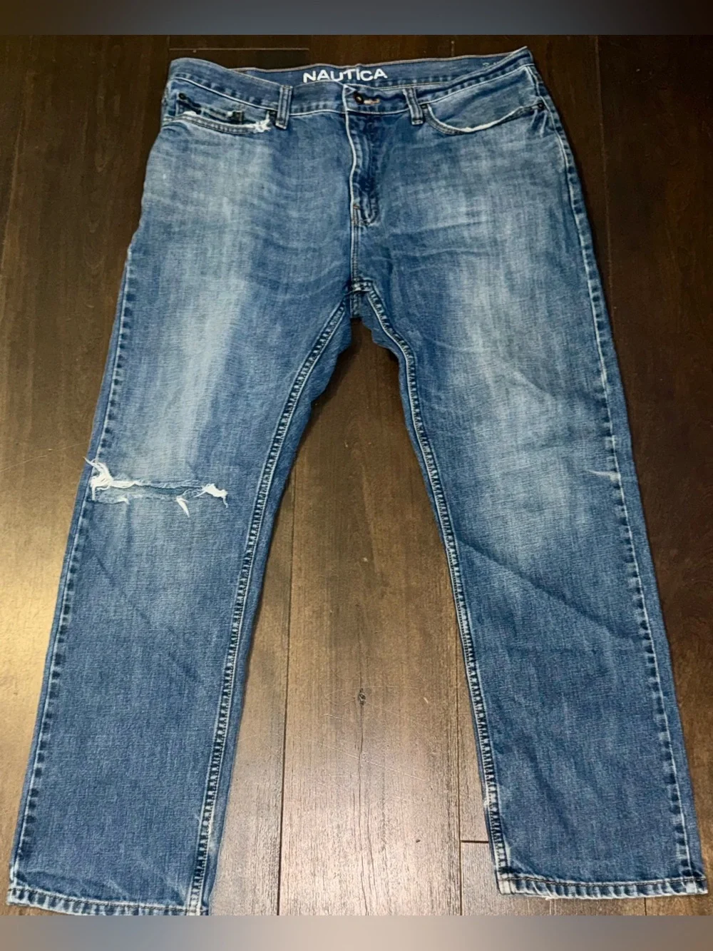Nautica Straight Fit Jeans 36x32 Blue Distressed Stretch Denim Men’s Casual